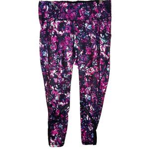 IDEALOLOGY 1X Black w/Floral Poly/Spandex EW Athletic Leggings w/ Side Pockets